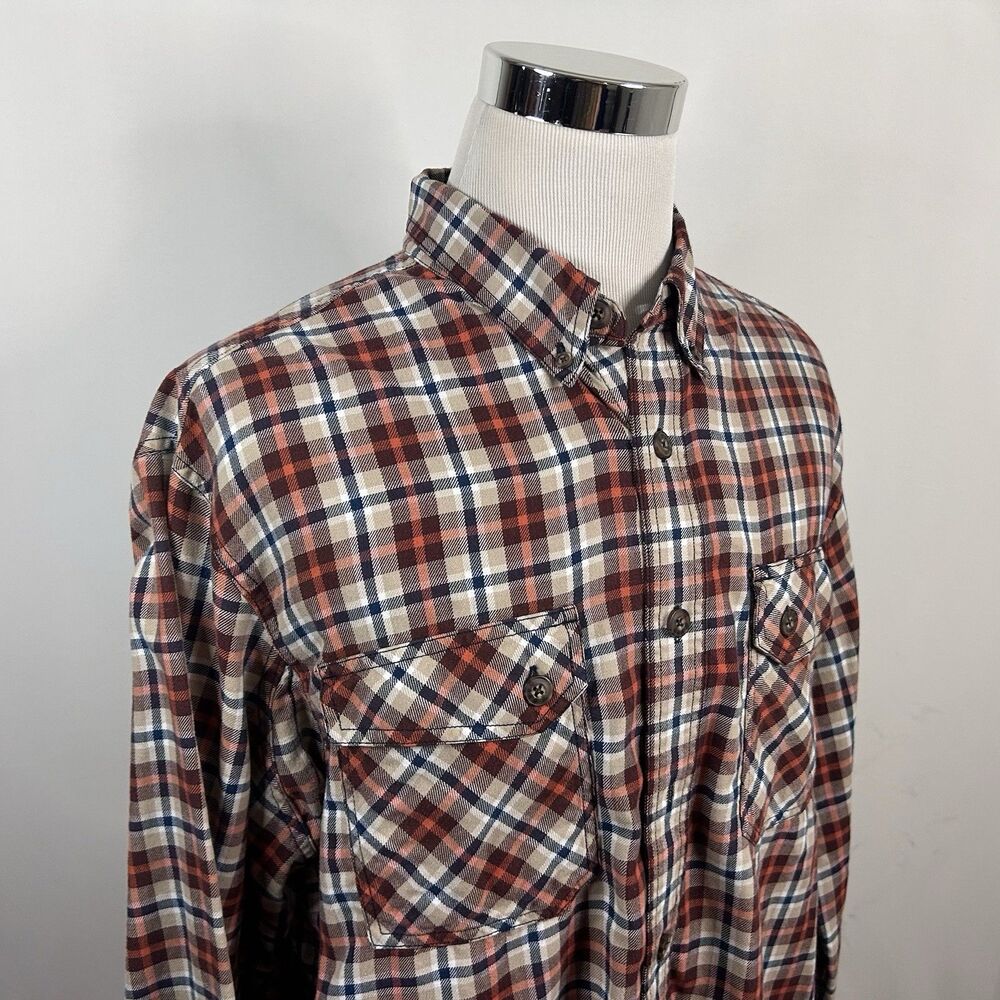 Duluth Trading Co XLT Tall Flannel Work Shirt‎ Orange Blue Plaid Cotton Blend